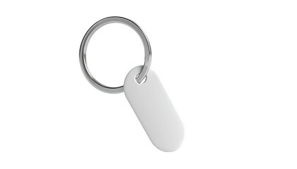 Isolated keychain featuring a blank, oblong tag on a shiny silver ring