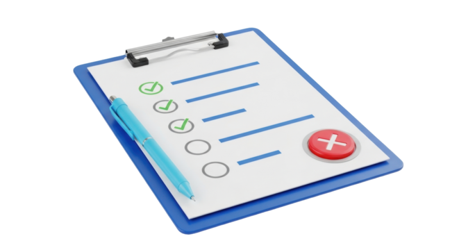 Isolated checklist clipboard with check marks, lines, and a red button, representing success