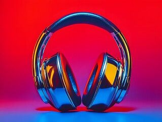 Sleek Metallic Headphones Neon Red Blue Background Music Audio