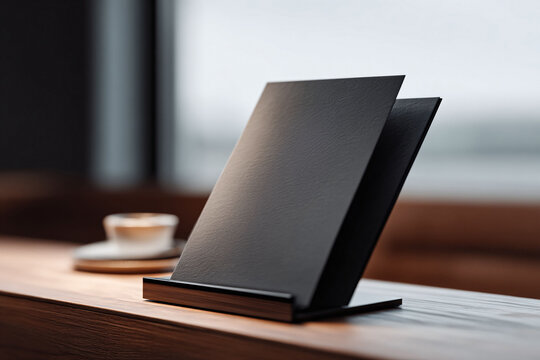 Minimalist aesthetic with a black, textured menu card resting on a warm wooden surface. Represents elegance, anticipation,  quiet sophistication. Ideal for restaurantsevents.