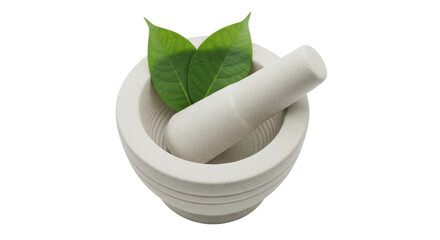 Isolated mortar and pestle, traditional herbal medicine tool, with fresh green leaves