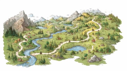Illustrated fantasy countryside map showing rivers, forests, and mountains in a hand-drawn style on a white background, concept of adventure - Powered by Adobe