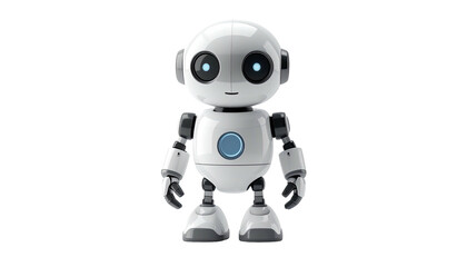A friendly-looking, cartoon robot stands with a smiling face on a black background