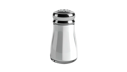 Rendered image of a clear glass salt shaker with a metal top and filled with salt