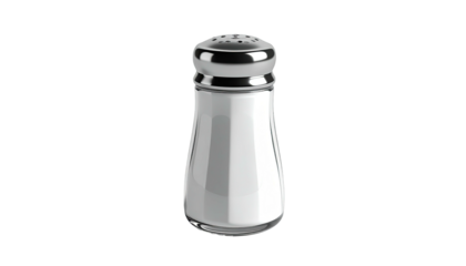 Rendered image of a clear glass salt shaker with a metal top and filled with salt