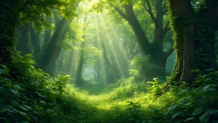 Obraz premium Enchanted Sunlit Forest Path Lush Greenery Magical Trees