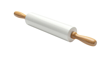 3D-rendered rolling pin with wooden handles, placed on a black background