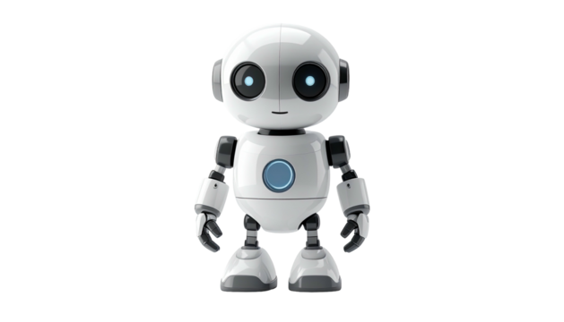 A friendly-looking, cartoon robot stands with a smiling face on a black background