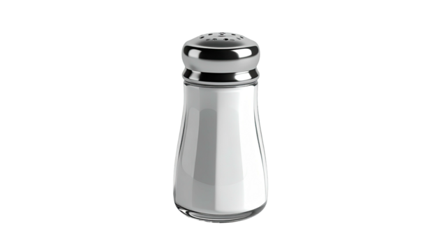 Rendered image of a clear glass salt shaker with a metal top and filled with salt