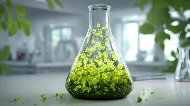 Laboratory flask with vibrant green glowing cells inside, realistic style on a clean white table, surrounded by foliage, symbolizing bio-research