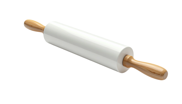 3D-rendered rolling pin with wooden handles, placed on a black background