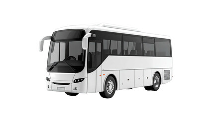 Isolated white passenger bus, side view, reflecting windows, on black background