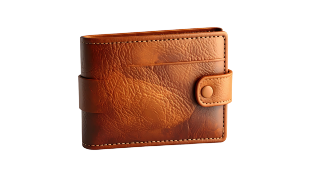 A realistic rendering of a closed, leather wallet in warm brown tones