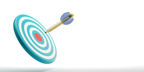 3D rendering of bullseye icon symbol aiming by pencil on a center dartboard, Strategy planning concept