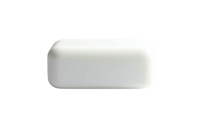 A rectangular, white, smooth, and softly rounded stationery eraser, set against black