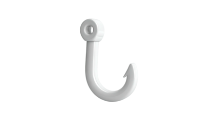 A 3D rendering of a white, curved hook with a hole on a black background