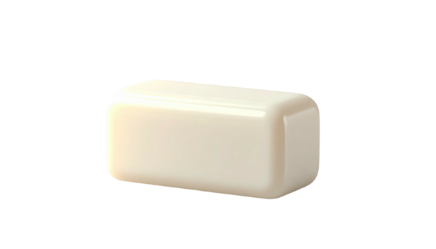 A smooth, rectangular, white soap bar, slightly rounded, on a black background