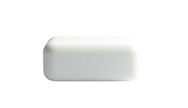 A rectangular, white, smooth, and softly rounded stationery eraser, set against black
