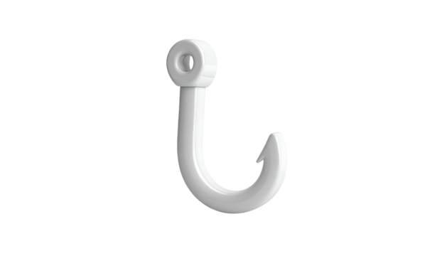 A 3D rendering of a white, curved hook with a hole on a black background - Powered by Adobe