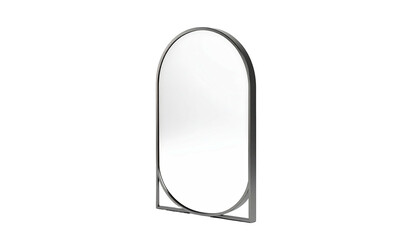 Sleek, oval-shaped mirror with silver frame and decorative accents, black background