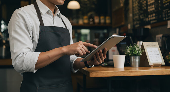 Barista using tablet to process mobile payment from customer in modern coffee shop. - Powered by Adobe