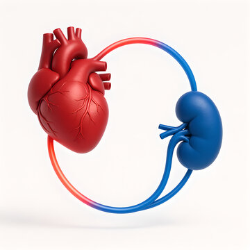 3D medical illustration set of cardiorenal syndrome&mdash;heart&ndash;kidney duet with perfusion fields, RAAS icons, fluid overload & hemodynamic congestion, therapy items, dashboard UI, cellular stress