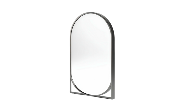 Sleek, oval-shaped mirror with silver frame and decorative accents, black background
