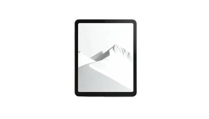 A tablet displays a minimalist grayscale mountain scene against a black backdrop