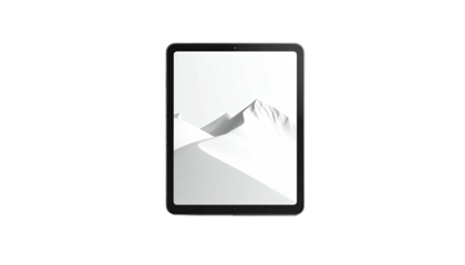 A tablet displays a minimalist grayscale mountain scene against a black backdrop