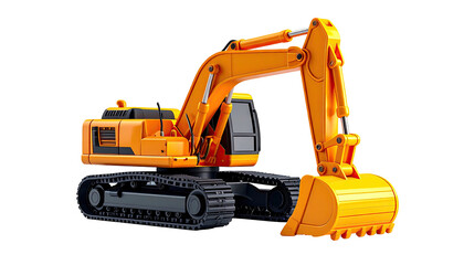 Bright orange construction vehicle with tracks and a bucket. Isolated on black background