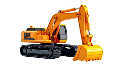 Bright orange construction vehicle with tracks and a bucket. Isolated on black background