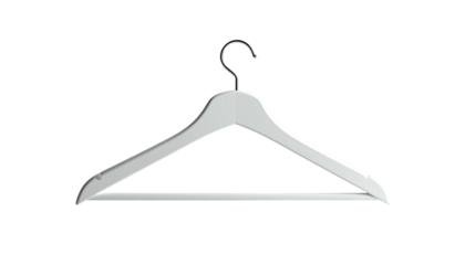 A simple white wooden clothes hanger with metallic hook, isolated on black