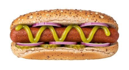 Isolated hot dog with mustard, red onions, and pickles on a whole wheat sesame bun