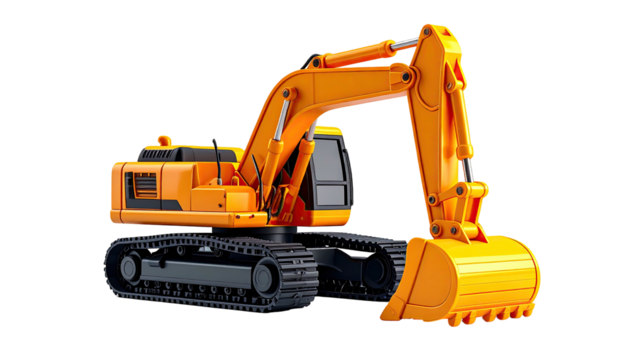 Bright orange construction vehicle with tracks and a bucket. Isolated on black background