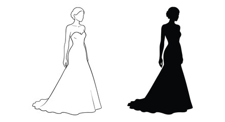 Elegant woman in full length gown silhouette and sketch side-by-side bridal fashion design comparison silhouette