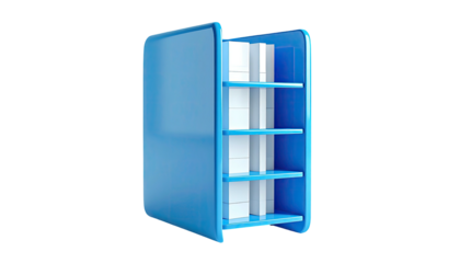 A blue, stylized bookshelf with open doors and several white books visible