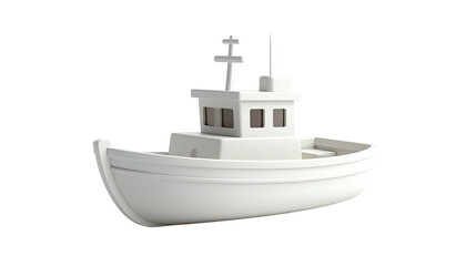 A white stylized boat with cabin and mast against a black background