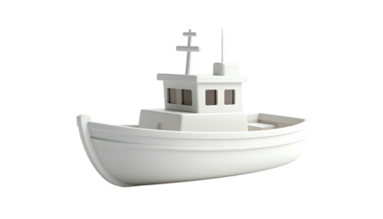 A white stylized boat with cabin and mast against a black background