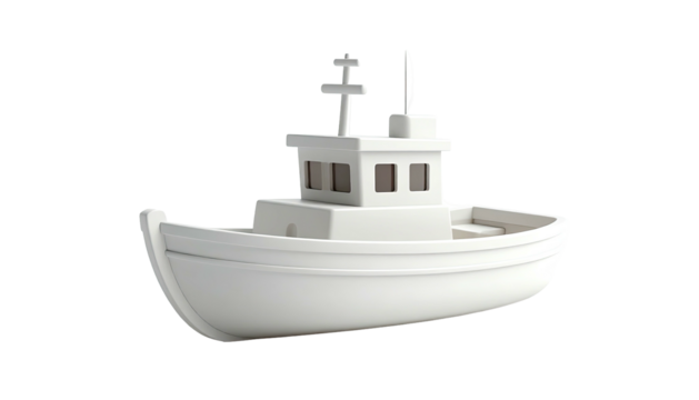 A white stylized boat with cabin and mast against a black background