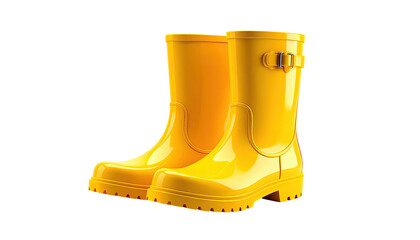 Pair of bright yellow rubber boots, isolated on black background, glossy finish