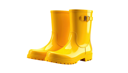 Pair of bright yellow rubber boots, isolated on black background, glossy finish
