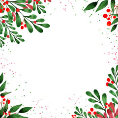 Winter, Christmas postcard and template red and green colors of a watercolor postcard on a white background. Watercolor berries, spruce branches, green leaves painted by hand. Square frame, invitation