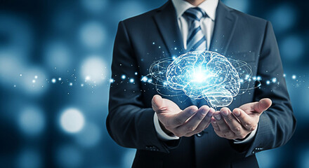 Businessman holding digital brain representing artificial intelligence and innovative technology solutions for business growth and success