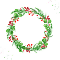 Watercolor Festive Christmas wreath with berry spruce branches and decoration design. Bouquet of watercolor hand-painted gor greeting card. Suitable for Christmas cards design, New year invitations
