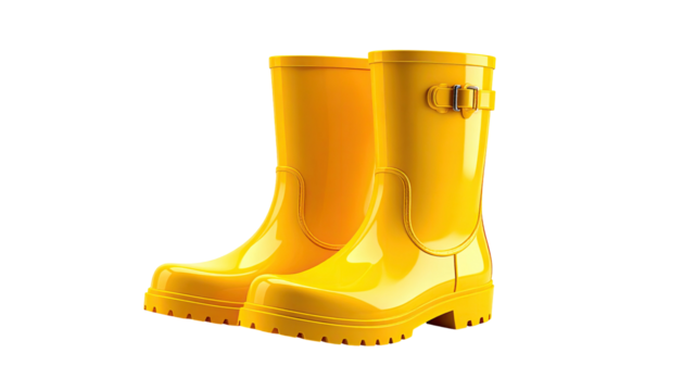 Pair of bright yellow rubber boots, isolated on black background, glossy finish