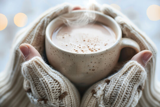 close-up photo of hands in knitted wool gloves holding a steaming mug of hot cocoa