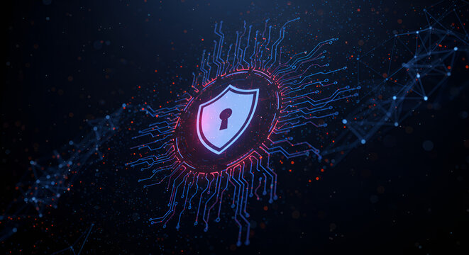 Digital abstract shield symbolizing online protection and cybersecurity defense.