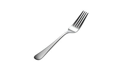 Gleaming silver fork, tines angled, isolated against black background