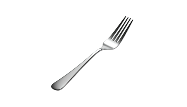 Gleaming silver fork, tines angled, isolated against black background