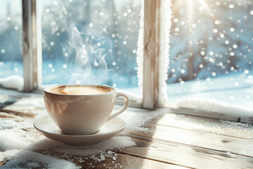 photo of a steaming cup of coffee on a wooden table near a frosty window